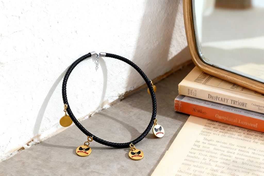 5 Styles Halloween Necklaces, Leather Rope with Stainless Steel 18K Gold Plated Enamel Pendants, Niche Dark Style Festival Exclusive Neckwearendant/Enamel Bat Pendants for Halloween